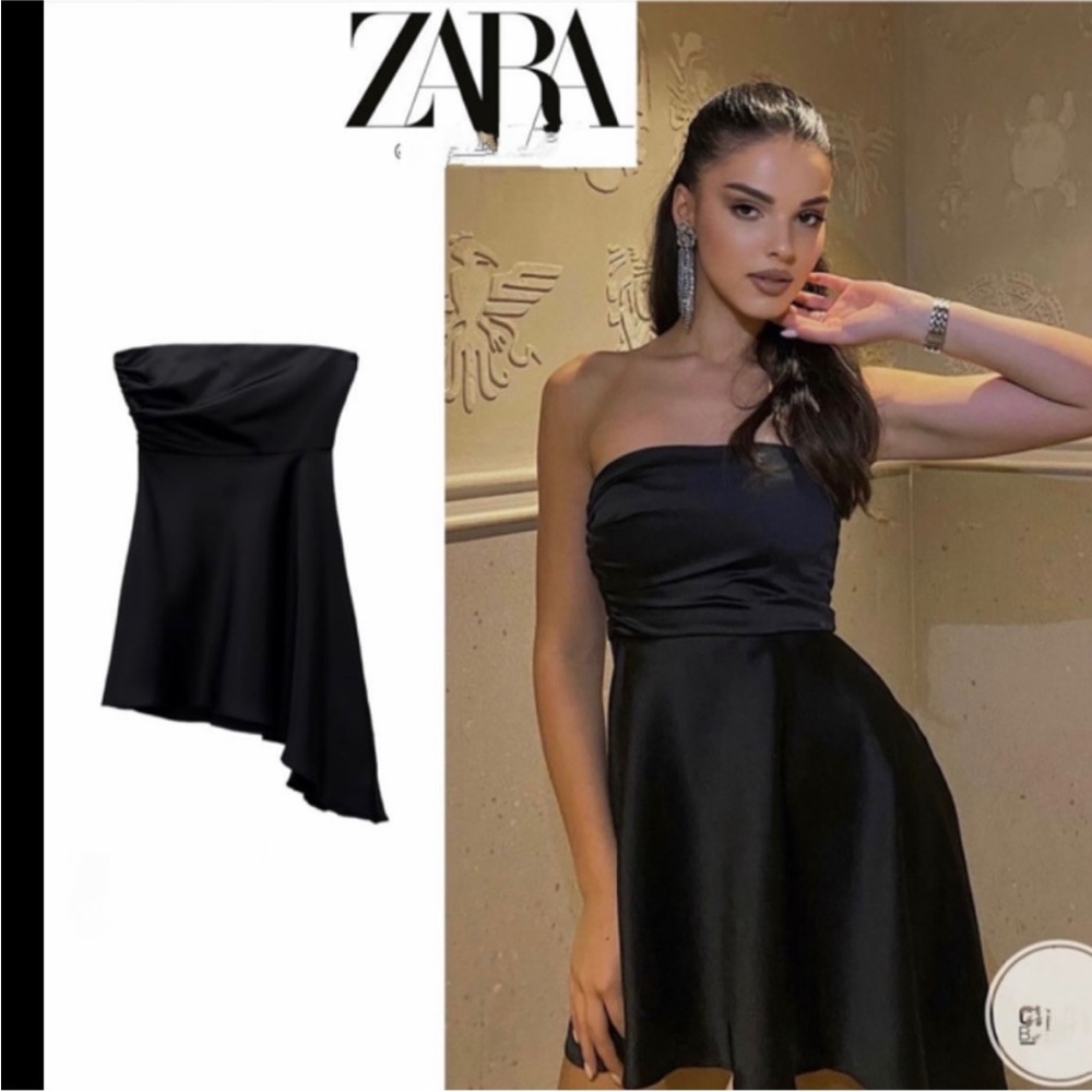 Zara Black Satin Strapless Asymmetrical Dress